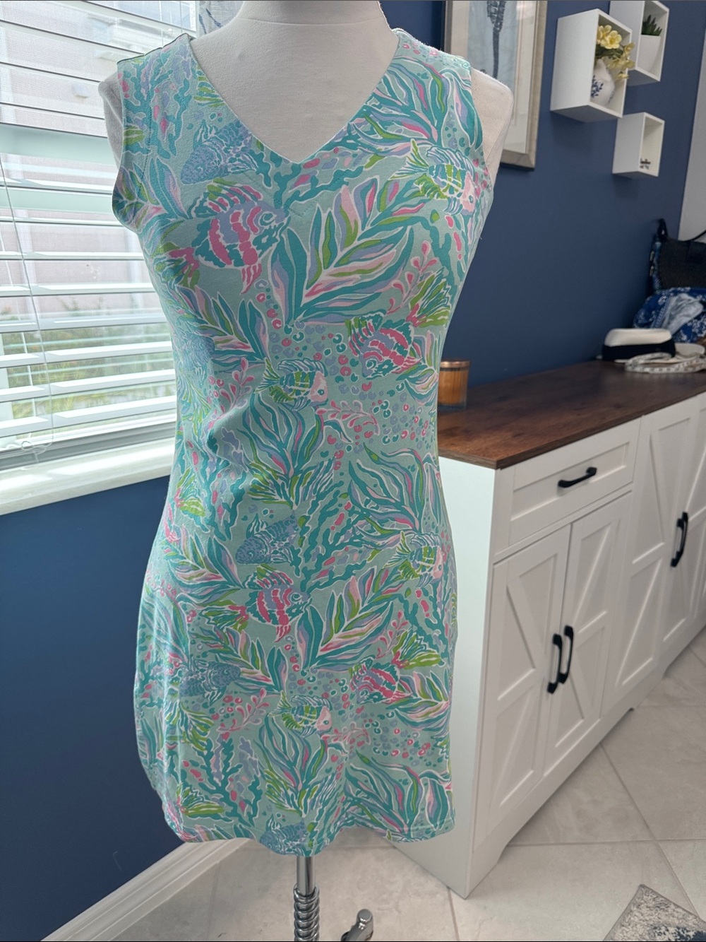 Ana Clare- 
Sleeveless Aqua Floral Dress
